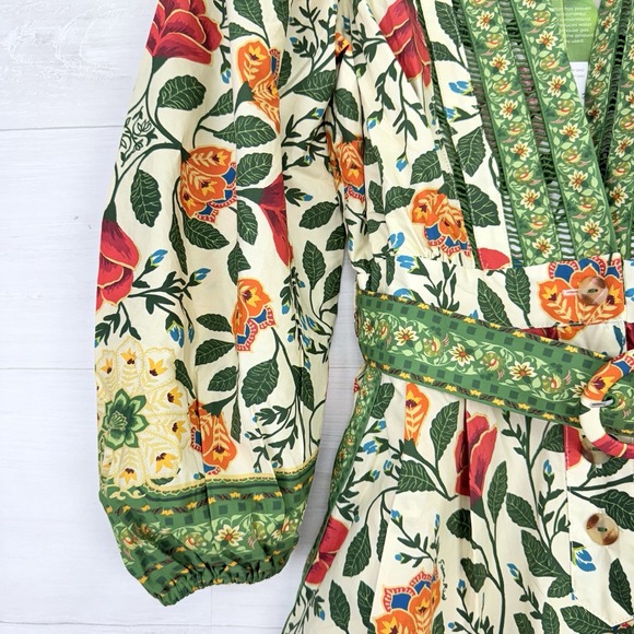 Farm‎ Rio Sand Garden Tapestry Romper XS Floral Green Puff Sleeve Cottage Whimsy - Picture 6 of 16